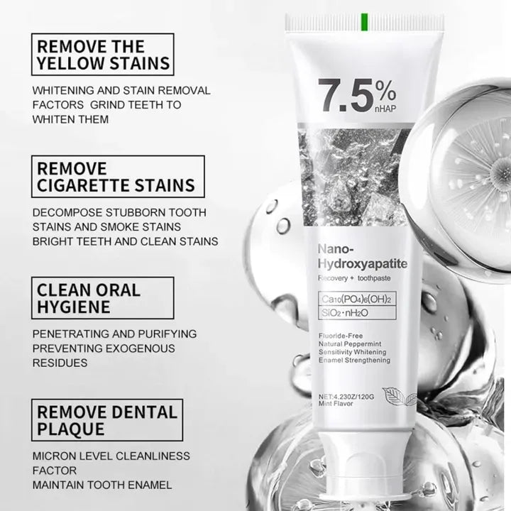 7.5% Nano Hydroxyapatite Fluoride Toothpaste for Teeth Whitening | معجون أسنان نانو هيدروكسي أباتيت 7.5% بالفلورايد لتبييض الأسنان