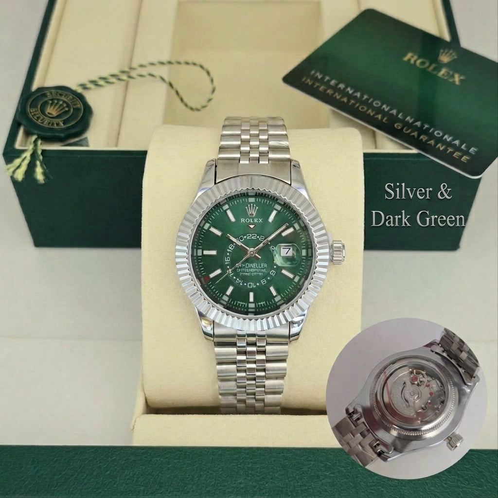 Sky-Dweller Style Premium Luxury Automatic Watch – Green Dial | Steel Jubilee Bracelet